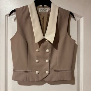 TAGA Beige Sleeveless Double-Breasted Vest with Cream Collar